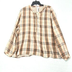 Grace + Karma Plaid Blouse Women 1X Brown Tan Long Sleeve 1/2 Button Popover NWT